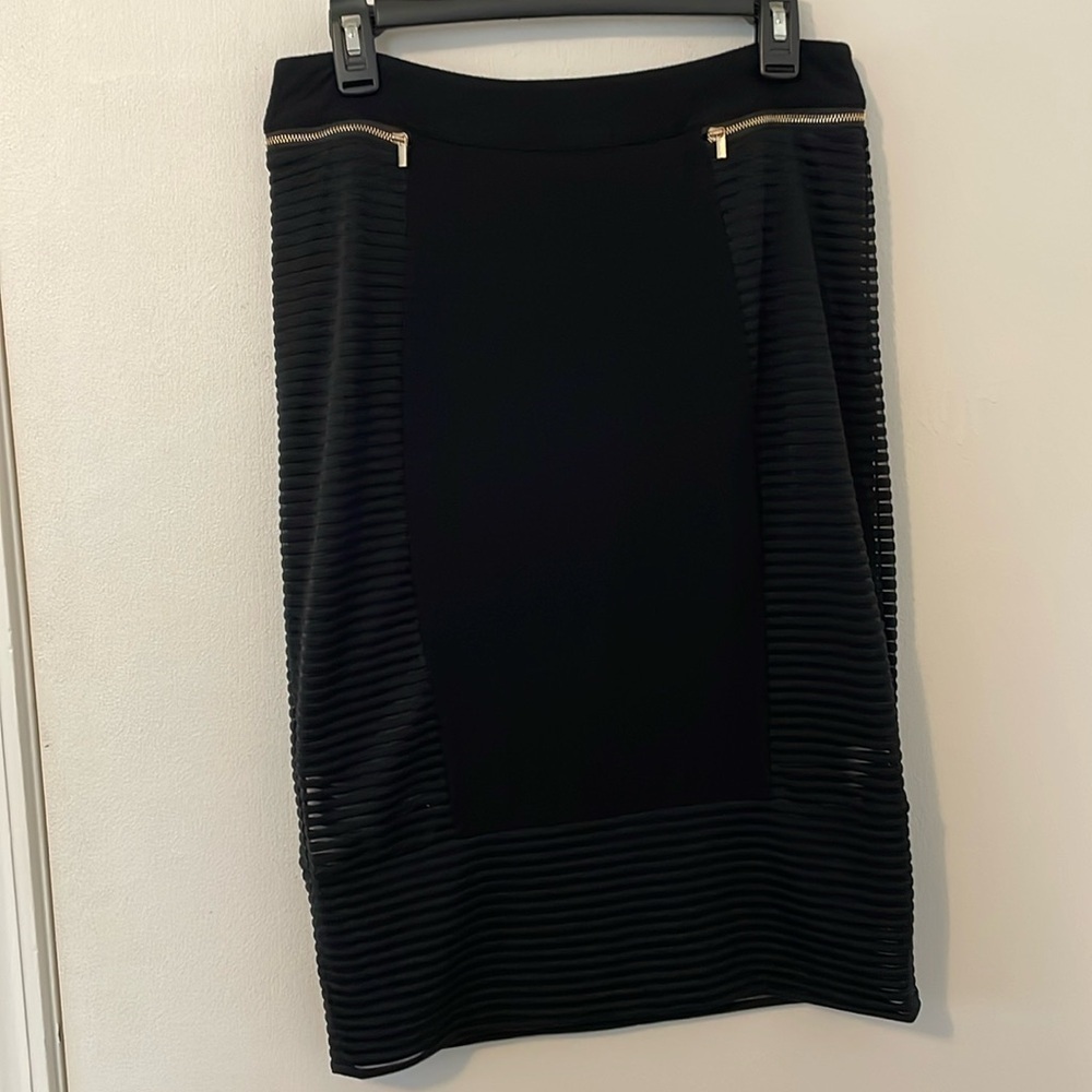 CACHE Black Zipper Sheer Panel Pencil Skirt
